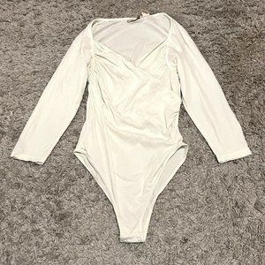 VTG Victoria's Secret Gold Label White Surplice Neck Bodysuit Womens sz L